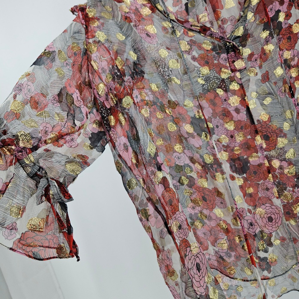 Alexander McQueen Silk Sheer Floral Blouse Maroon Gold Metallic Ruffle Peasant - Picture 6 of 11